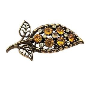 Coro Amber Rhinestone Leaf Brooch Gold Tone Vintage Mid Century Nature Elegance